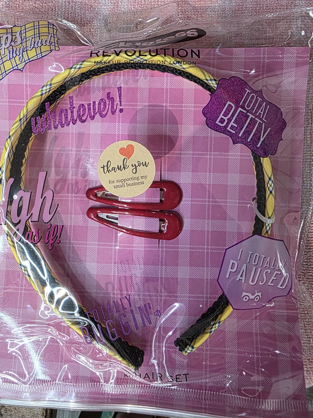 Revolution Kids Yellow Plaid Braided Headband with Red Snap Clips